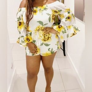 Off the Shoulder Sunflower White Short Romper